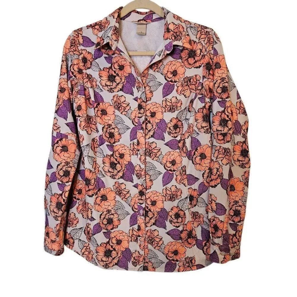 Duluth Trading Co shirt, outdoor/hiking orange & purple floral print. Size S. #